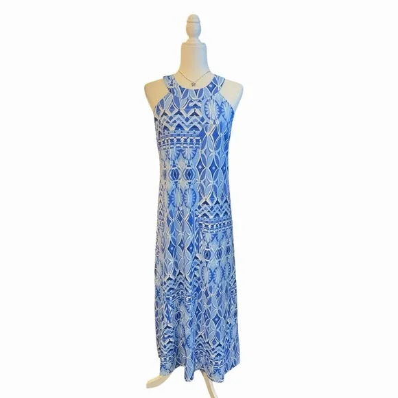 J. McLaughlin Edie Catalina Cloth Blue Biscayne Dress XS Halter Geometric Midi - Picture 2 of 7